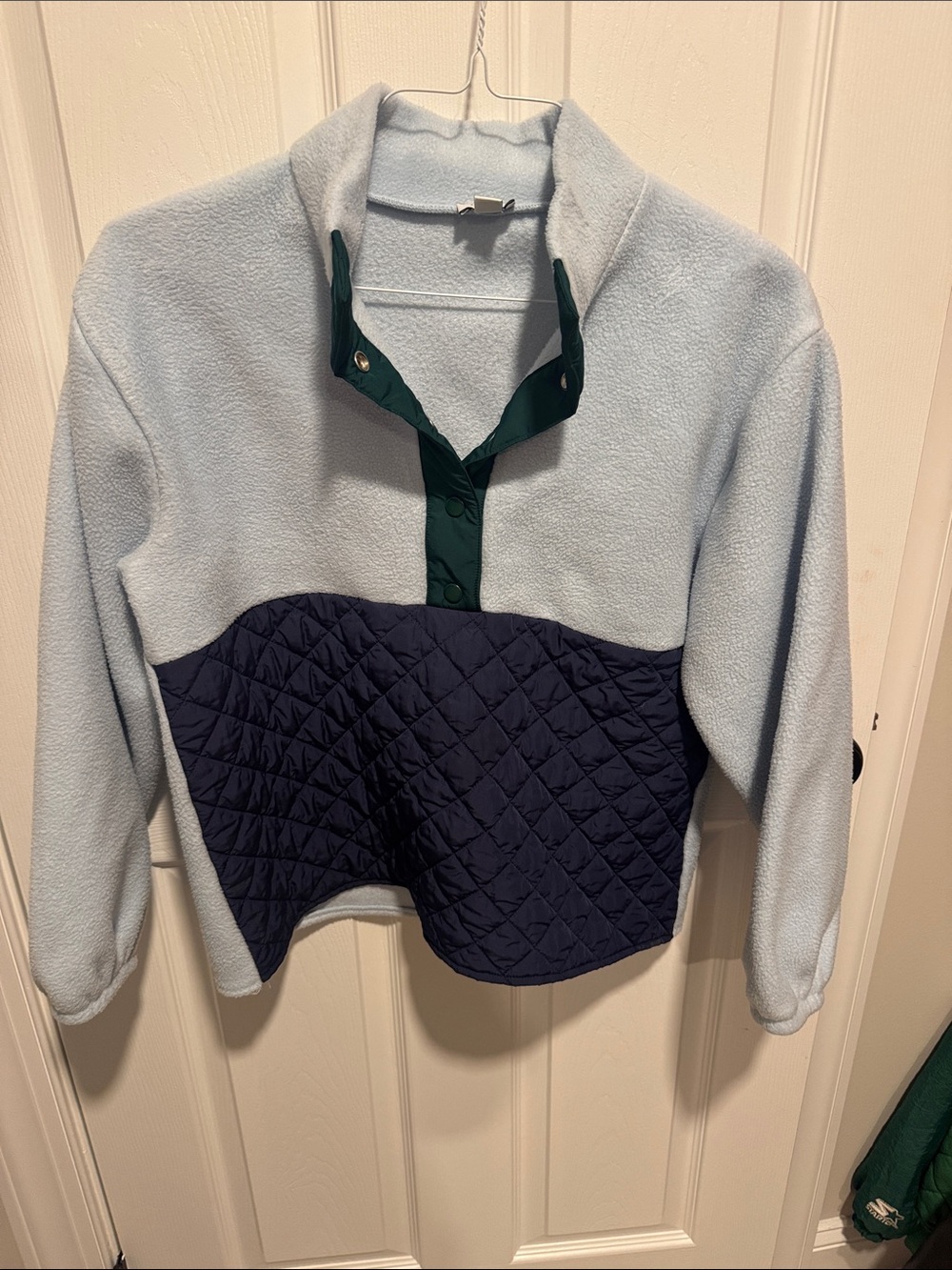 J. Crew Pale Blue Fleece Top with Navy Logo Tag